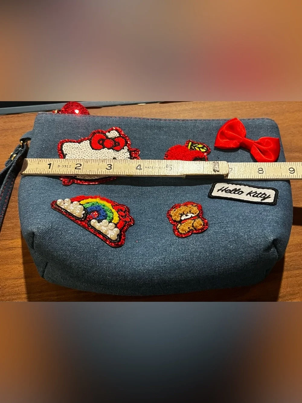 Hello Kitty Denim Wristlet Pouch Sanrio Sequin Patch Cosmetic Bag Kawaii